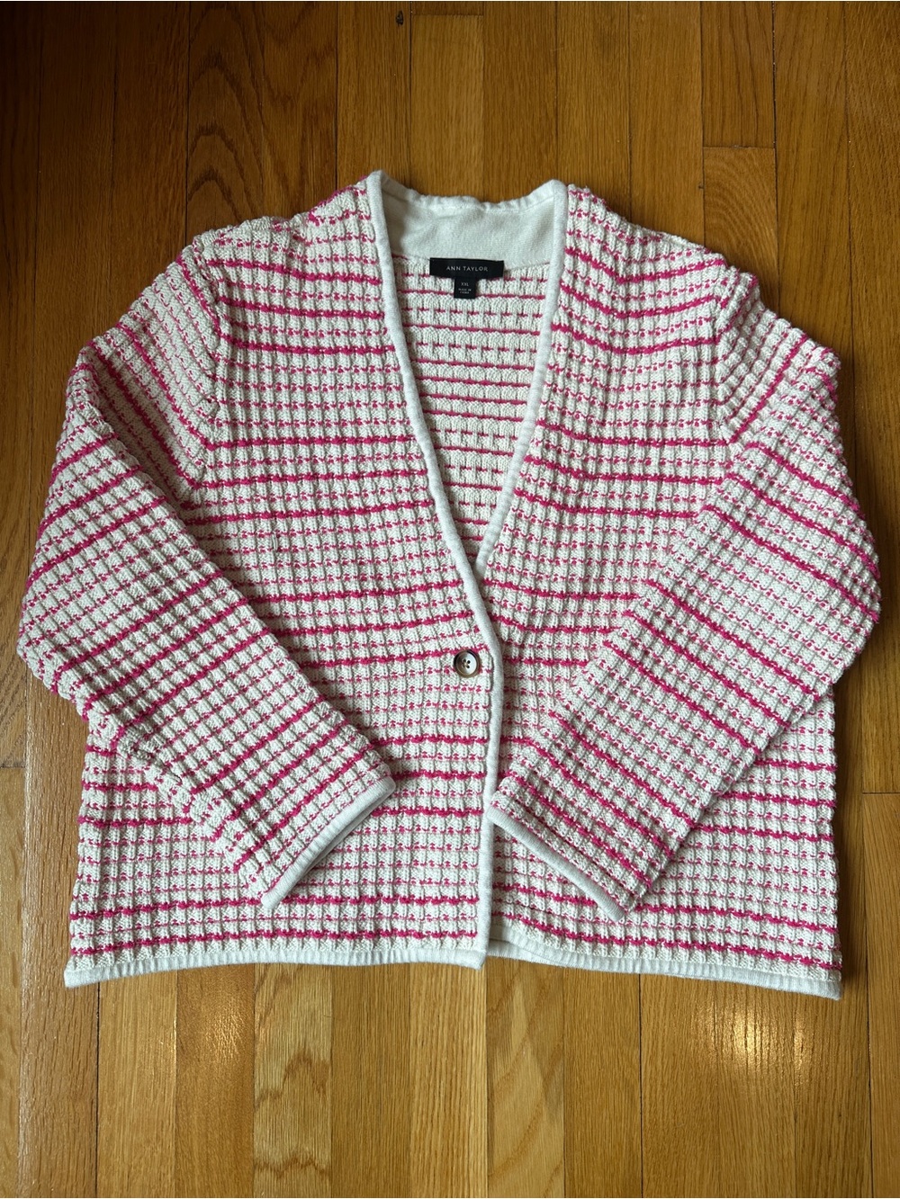 Ann Taylor White and Pink Waffle-Knit Button Cardigan
